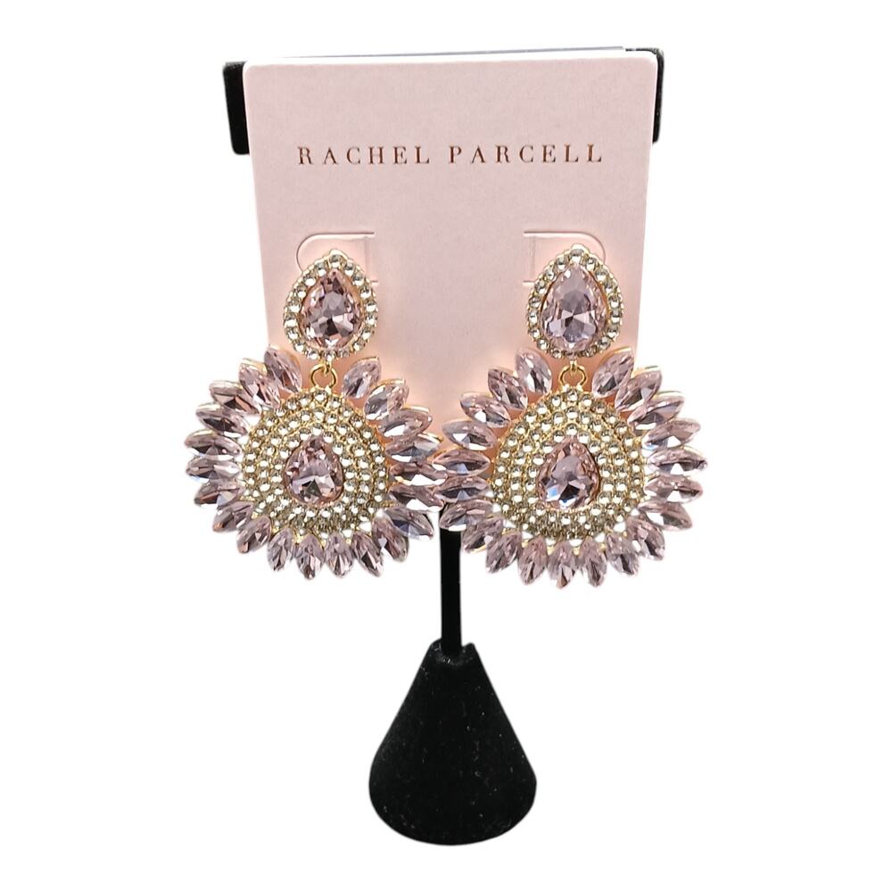 Rachel Parcell Lilac Pink Crystal Sunburst Statement Drop Earrings Gold Tone NWT